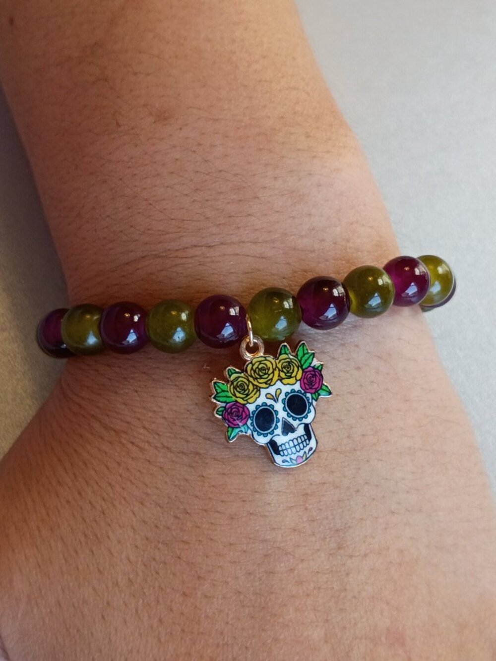 Marigold Rose Calavera Bracelet, Women's Handmade Beaded Bracelet, 6.5"